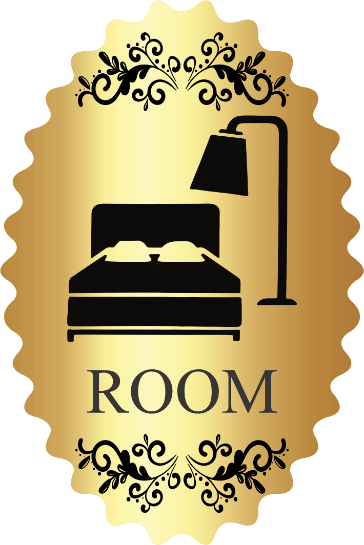 پلاک اتاق ROOM مولتی‌استایل طرح تخت و چراغ طلایی