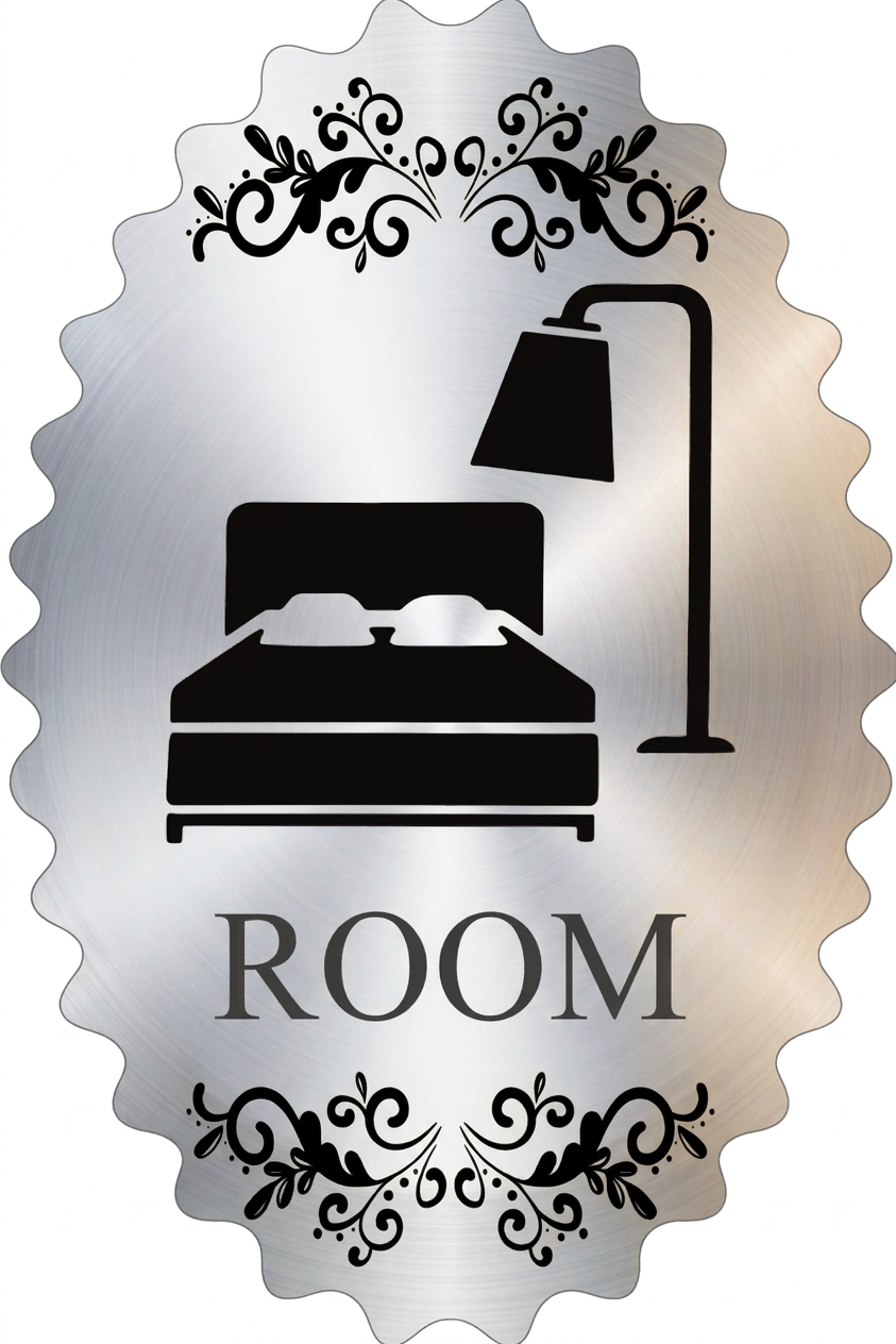 پلاک اتاق ROOM مولتی‌استایل طرح تخت و چراغ نقره‌ای