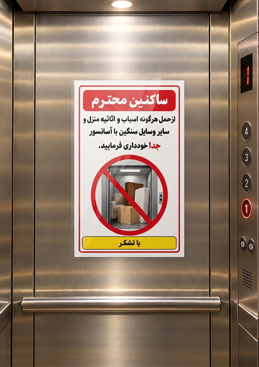 تابلو هشدار حمل اثاثیه با آسانسور نصب‌شده داخل کابین