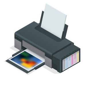 Photo inkjet printer. Color printer prints photo on white isolated background. Four empty refillable cartridges